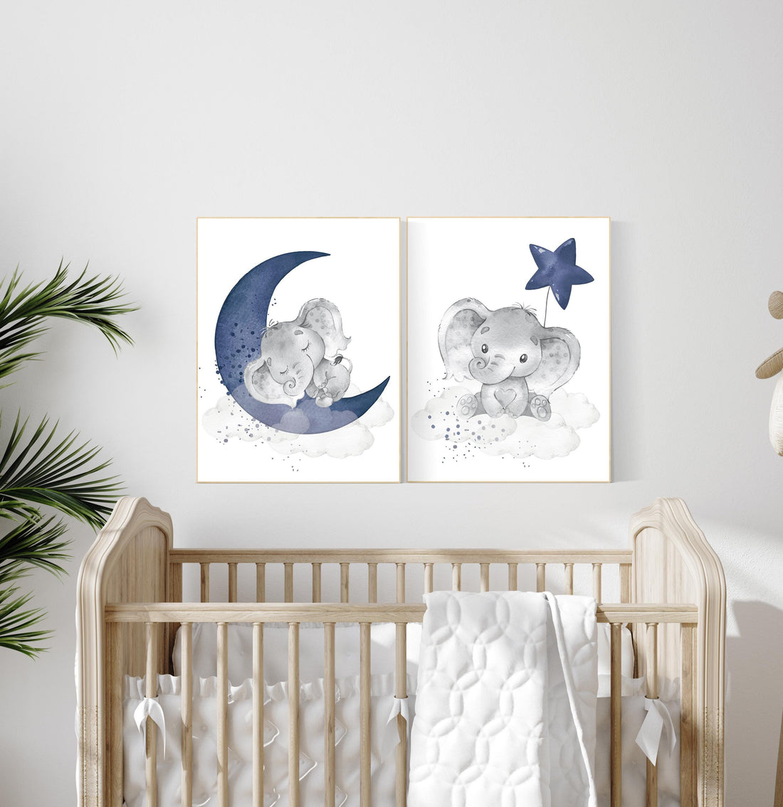 Nursery decor elephant, navy nursery decor, moon and stars, navy blue nursery art, baby room, elephant nursery, elephant prints