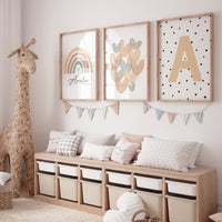 Custom rainbow nursery prints, Boho personalized wall art for kids, Earth-tone nursery decor, heart print, monogram set, Neutral rainbow