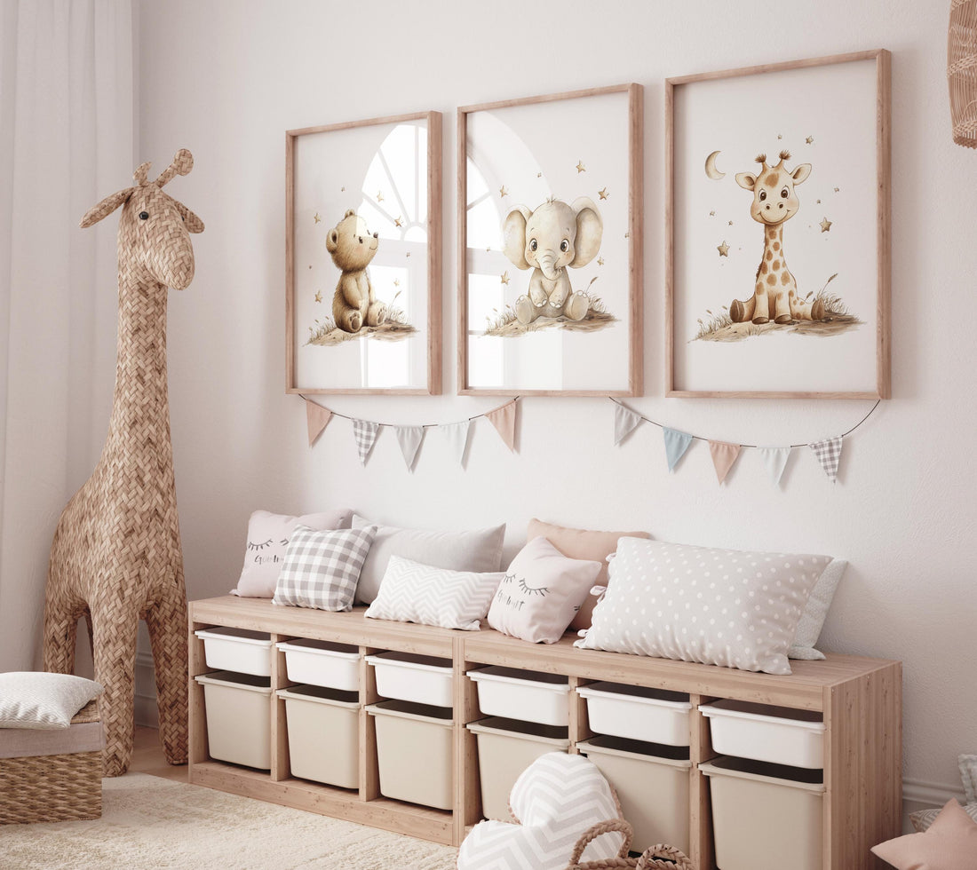 Nursery wall art animals, gray nursery, gender neutral nursery, neutral nursery, baby room decor, bear, elephant, giraffe, animal prints
