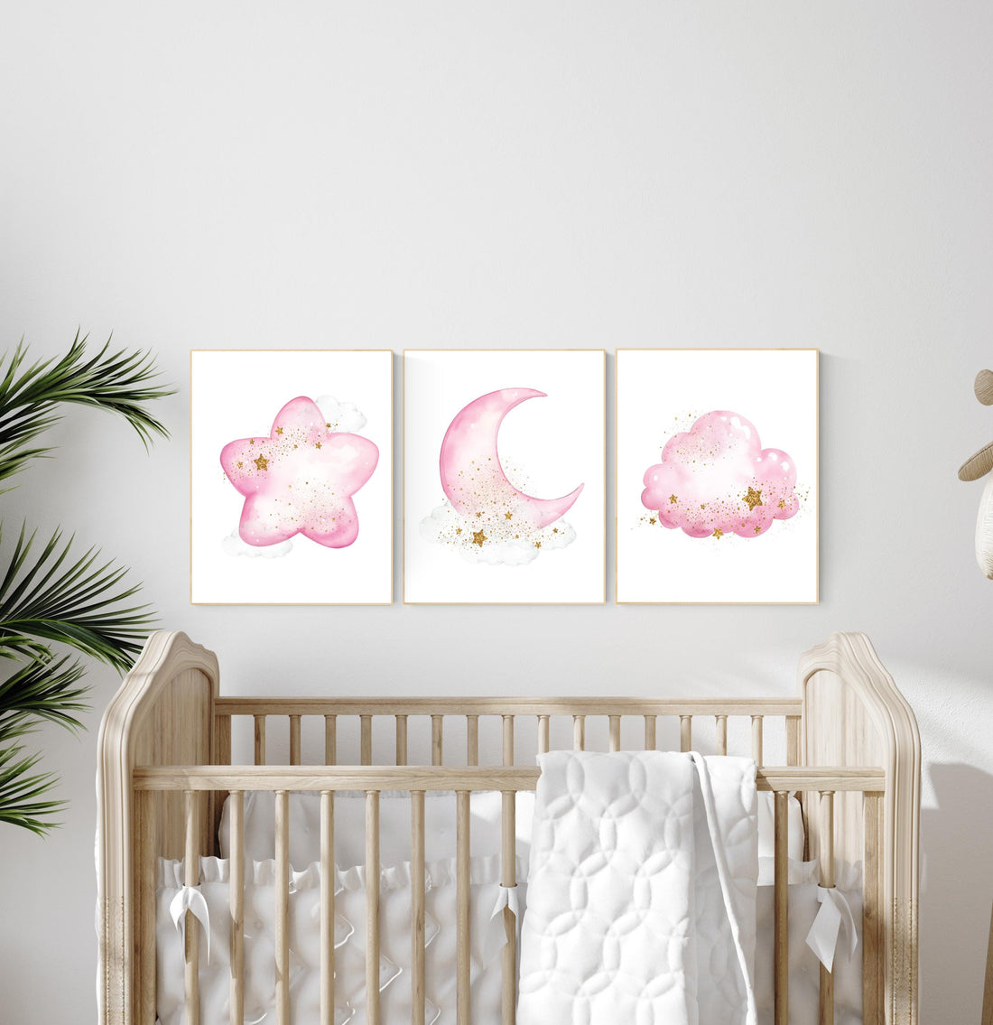 Pink gold nursery, Nursery wall art girl, baby room decor girl gold and pink, moon and star, baby room decor, girl nursery wall art