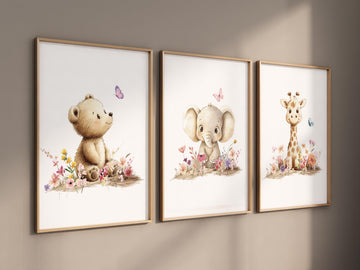 Nursery wall art animals, flower animals, flower nursery, baby room decor, bear, elephant, giraffe, animal prints, girls room decor
