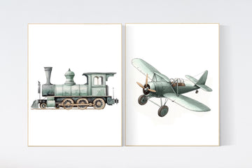 Vehicle art print set, sage green, Boys room, train print, plane print, boys transportation print, boys nursery room decor