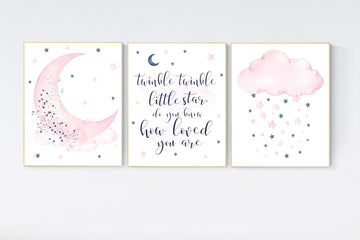 Nursery decor, pink and navy nursery art, navy pink, stars, moon, cloud, twin nursery, gender neutral, twinkle twinkle little star