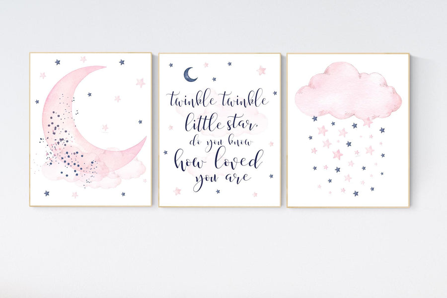 Nursery decor, pink and navy nursery art, navy pink, stars, moon, cloud, twin nursery, gender neutral, twinkle twinkle little star