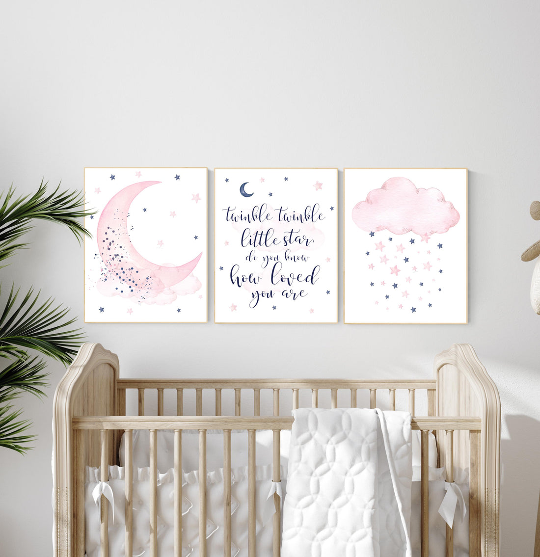 Nursery decor, pink and navy nursery art, navy pink, stars, moon, cloud, twin nursery, gender neutral, twinkle twinkle little star