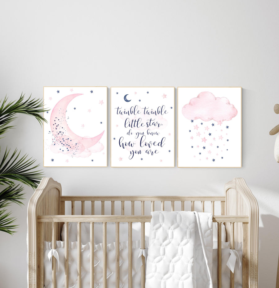Nursery decor, pink and navy nursery art, navy pink, stars, moon, cloud, twin nursery, gender neutral, twinkle twinkle little star