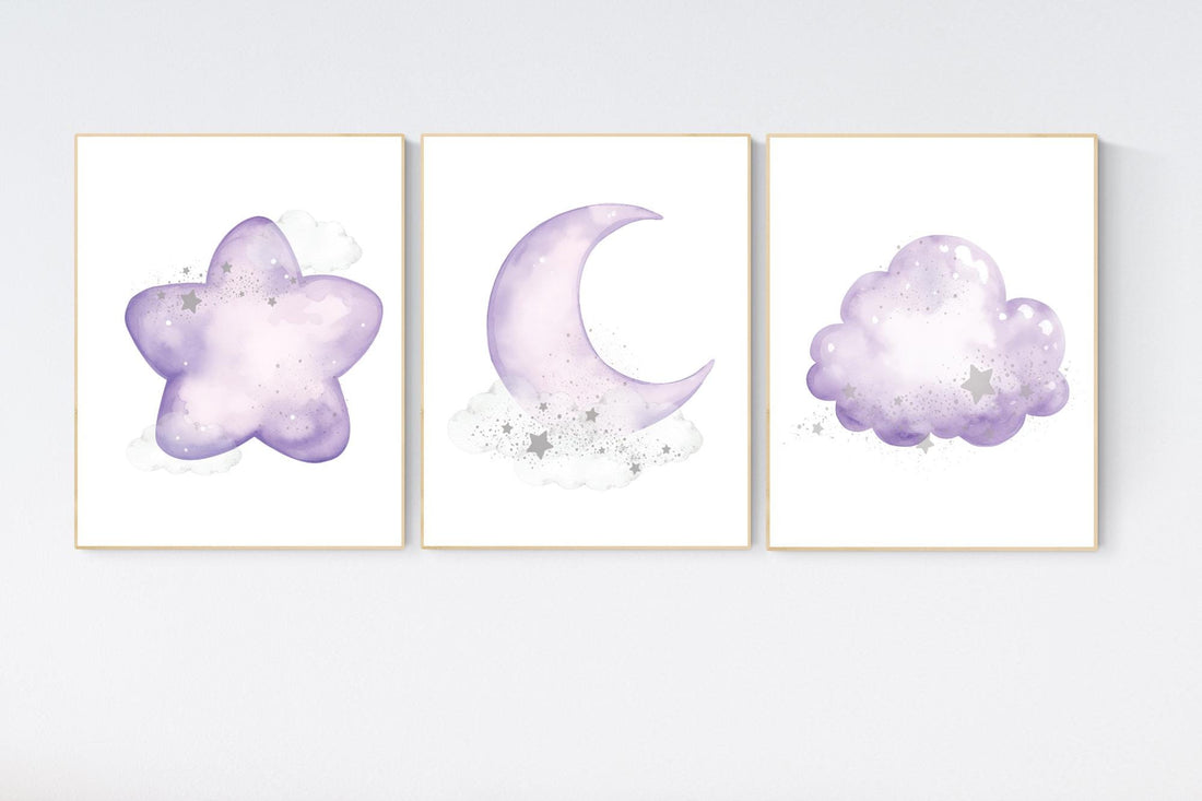 Nursery decor girl purple, nursery decor girl lavender and gray, lilac nursery, purple nursery, cloud, moon and stars, baby room wall, stars