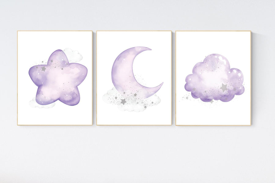 Nursery decor girl purple, nursery decor girl lavender and gray, lilac nursery, purple nursery, cloud, moon and stars, baby room wall, stars