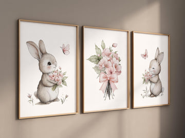 Nursery wall art girl bunnies, bunny nursery print, Bunny Floral Watercolor Prints, bunny nursery decor, Wildflower Nursery, bunny nursery