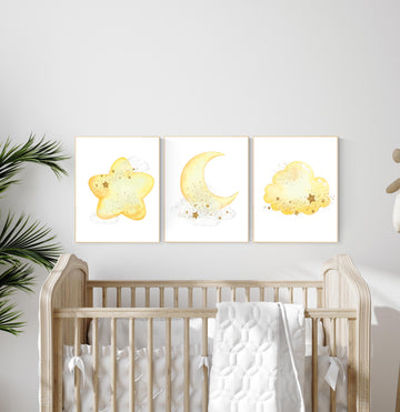 Moon prints for nursery, yellow nursery nursery wall art, gender neutral, moon wall art, Baby wall decor, nursery prints, yellow gold