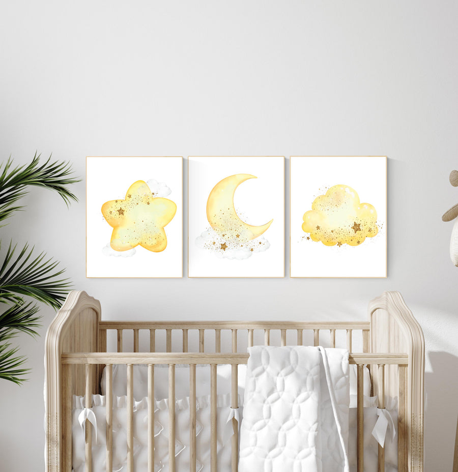 Moon prints for nursery, yellow nursery nursery wall art, gender neutral, moon wall art, Baby wall decor, nursery prints, yellow gold