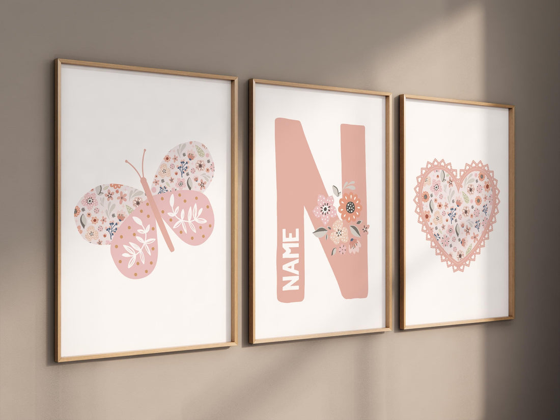 Personalized floral name nursery prints, Butterfly and heart wall art for girls, Blush pink boho nursery decor, Custom name initial print
