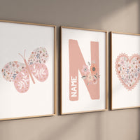 Personalized floral name nursery prints, Butterfly and heart wall art for girls, Blush pink boho nursery decor, Custom name initial print