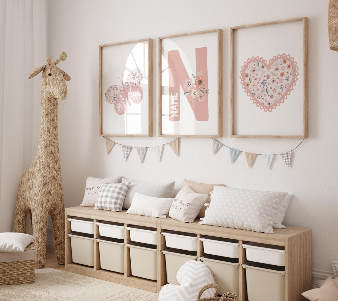 Personalized floral name nursery prints, Butterfly and heart wall art for girls, Blush pink boho nursery decor, Custom name initial print