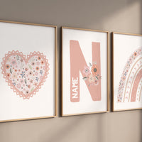 Personalized floral name nursery prints, heart and rainbow wall art for girls, Blush pink boho nursery decor, Custom name initial print