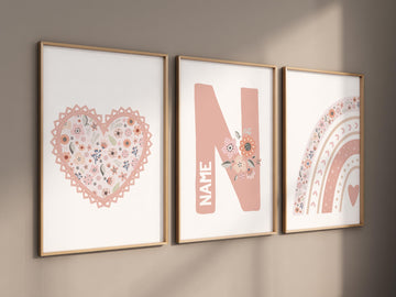Personalized floral name nursery prints, heart and rainbow wall art for girls, Blush pink boho nursery decor, Custom name initial print
