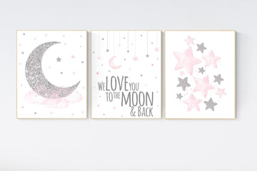 Nursery wall art girl, pink and silver nursery, cloud, stars, pink nursery art, cloud and stars, baby room decor for girls, pink silver