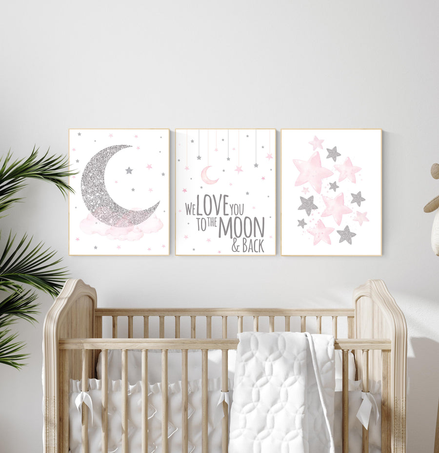 Nursery wall art girl, pink and silver nursery, cloud, stars, pink nursery art, cloud and stars, baby room decor for girls, pink silver
