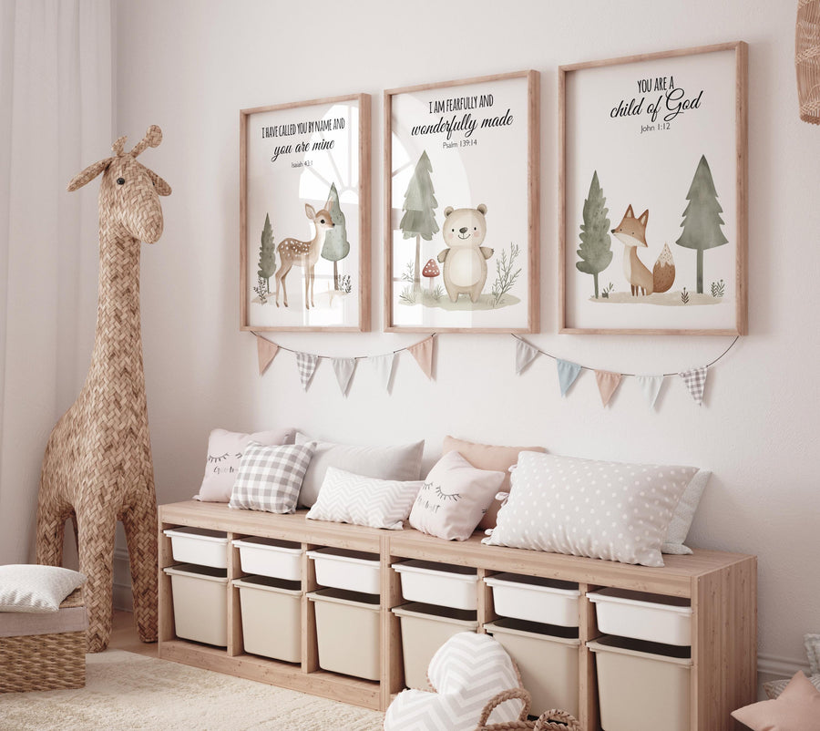 Nursery decor woodland, Woodland Nursery Wall Art, Woodland Print Set, animal prints, Woodland Animal bible verse, christian art verse print