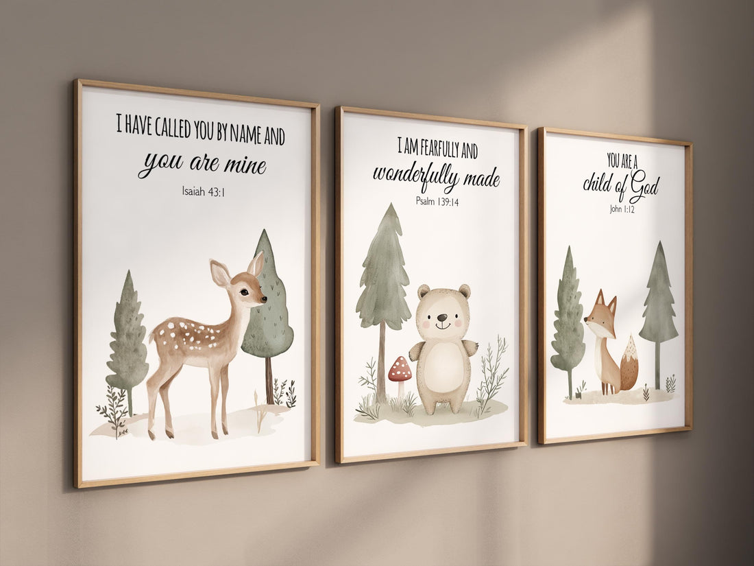 Nursery decor woodland, Woodland Nursery Wall Art, Woodland Print Set, animal prints, Woodland Animal bible verse, christian art verse print
