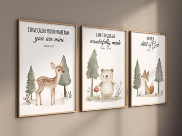Nursery decor woodland, Woodland Nursery Wall Art, Woodland Print Set, animal prints, Woodland Animal bible verse, christian art verse print