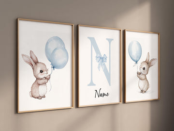Baby boy nursery art, personalized bunny print, custom baby name poster, watercolor rabbit decor, blue balloon nursery wall art, boy nursery