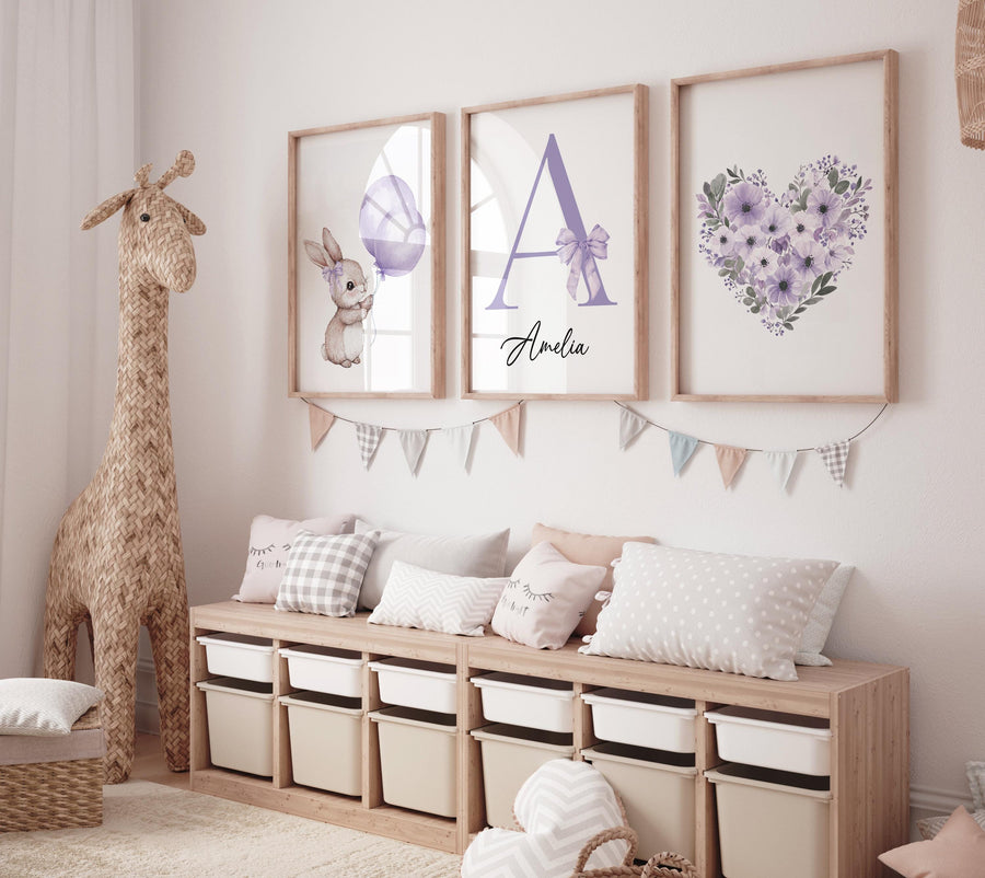 Personalized bunny nursery art, custom baby name print, purple balloon nursery decor, floral heart baby room print, rabbit wall art