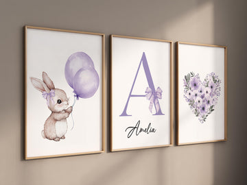 Personalized bunny nursery art, custom baby name print, purple balloon nursery decor, floral heart baby room print, rabbit wall art