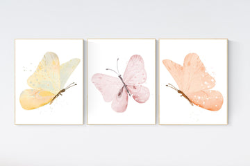 Butterfly nursery decor, pastel nursery decor, girl room decor, girl nursery, butterfly prints, pink nursery, orange nursery, yellow nursery