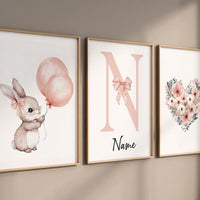 Personalized bunny nursery art, custom baby name print, blush pink balloon nursery decor, floral heart baby room print, rabbit nursery