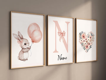Personalized bunny nursery art, custom baby name print, blush pink balloon nursery decor, floral heart baby room print, rabbit nursery