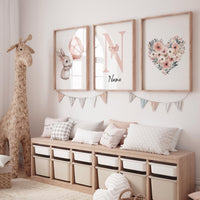 Personalized bunny nursery art, custom baby name print, blush pink balloon nursery decor, floral heart baby room print, rabbit nursery