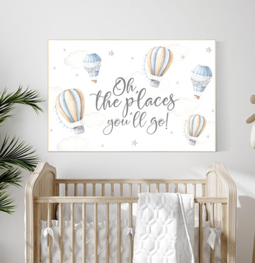 Hot air balloon nursery, Nursery decor neutral, oh the places you'll go, gender neutral, beige blue, neutral colors, nursery prints