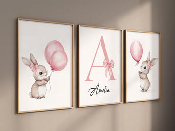 Personalized bunny nursery art, pink baby name print, custom baby girl wall art, watercolor rabbit decor, pastel balloon nursery print