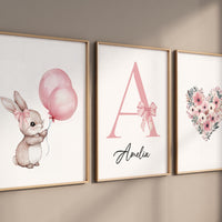 Personalized bunny nursery art, custom baby name print, pink balloon nursery decor, floral heart baby room print, rabbit nursery