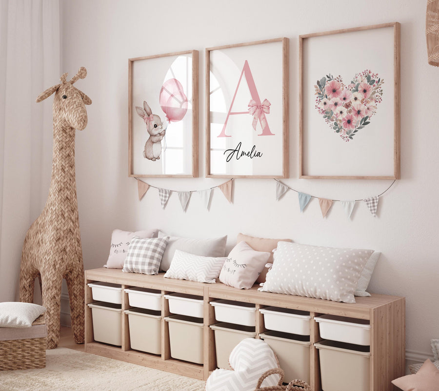Personalized bunny nursery art, custom baby name print, pink balloon nursery decor, floral heart baby room print, rabbit nursery