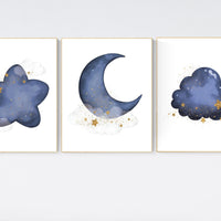Navy nursery decor, cloud and stars, moon and stars, navy gold nursery art. baby room wall art, boy nursery decor, set of 3, nursery art
