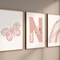 Personalized floral name nursery prints, Butterfly and rainbow wall art for girls, Blush pink boho nursery decor, Custom name initial print