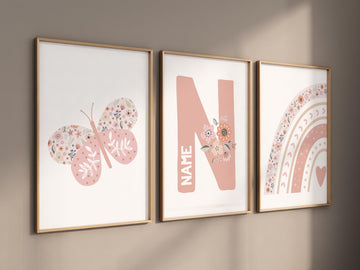 Personalized floral name nursery prints, Butterfly and rainbow wall art for girls, Blush pink boho nursery decor, Custom name initial print