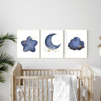 Navy nursery decor, cloud and stars, moon and stars, navy gold nursery art. baby room wall art, boy nursery decor, set of 3, nursery art