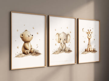 Nursery wall art animals, gray nursery, gender neutral nursery, neutral nursery, baby room decor, bear, elephant, giraffe, animal prints
