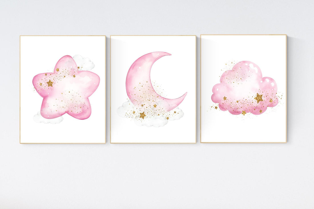Pink gold nursery, Nursery wall art girl, baby room decor girl gold and pink, moon and star, baby room decor, girl nursery wall art