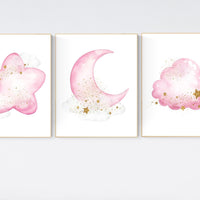 Pink gold nursery, Nursery wall art girl, baby room decor girl gold and pink, moon and star, baby room decor, girl nursery wall art