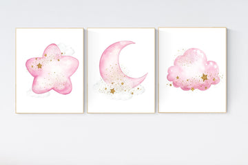Pink gold nursery, Nursery wall art girl, baby room decor girl gold and pink, moon and star, baby room decor, girl nursery wall art
