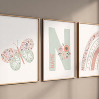 Personalized floral name nursery prints, Butterfly and rainbow wall art for girls, pink mint, boho nursery decor, Custom name initial print