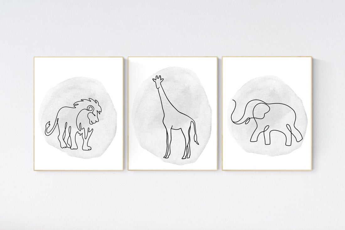 Nursery wall art animals, line art, animal nursery, gender neutral nursery, neutral nursery, grey nursery, lion, elephant, giraffe