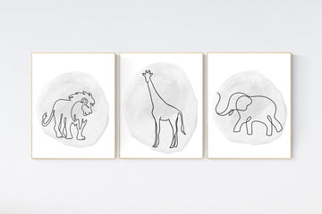 Nursery wall art animals, line art, animal nursery, gender neutral nursery, neutral nursery, grey nursery, lion, elephant, giraffe