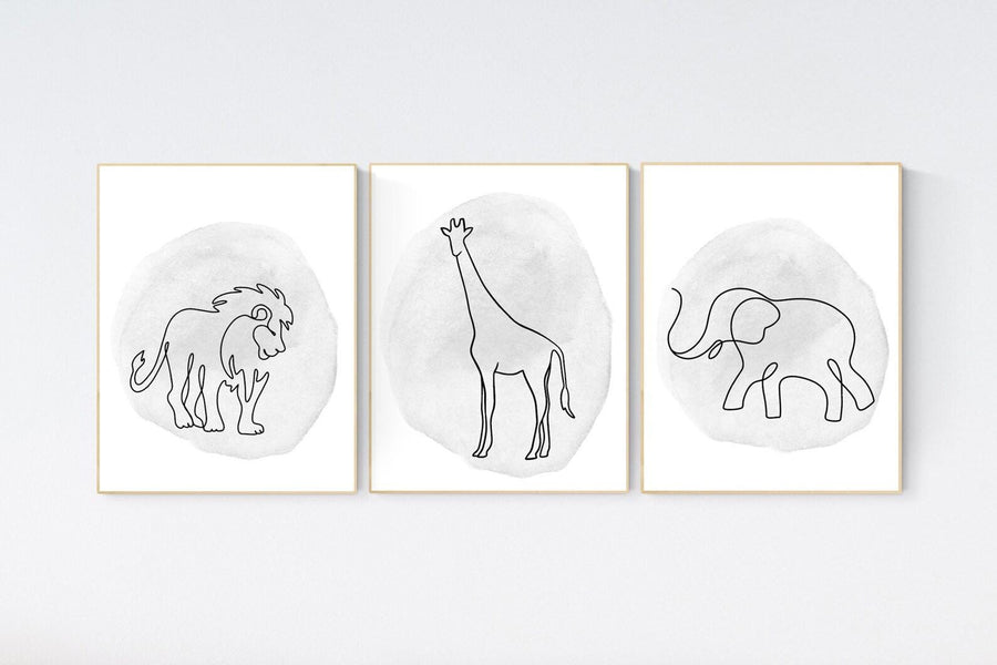 Nursery wall art animals, line art, animal nursery, gender neutral nursery, neutral nursery, grey nursery, lion, elephant, giraffe