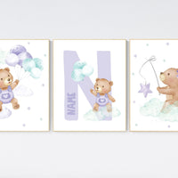 Nursery decor girl, purple and teal, nursery decor bear, teddy bear nursery, lilac nursery print, lavender, baby room decor, purple teal