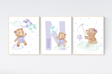 Nursery decor girl, purple and teal, nursery decor bear, teddy bear nursery, lilac nursery print, lavender, baby room decor, purple teal